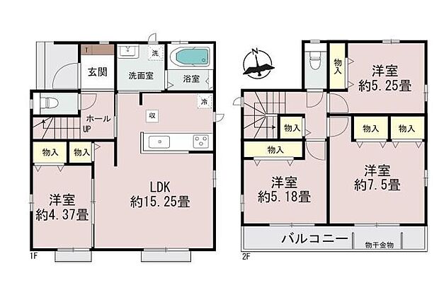 【4LDK】対面式キッチンからはリビング全体を見渡せる間取りです♪小さなお子様の様子を見ながら、家事が出来ますね♪2階居室は個室感のある間取り☆プライベートタイムも充実ですね☆
