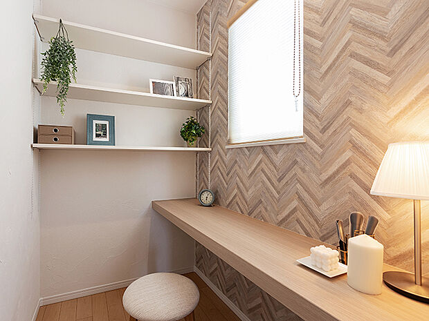 【テレワークスペース(施工例)】リビングの一角にテレワークスペース設けました。半個室状になったエリアは、家族の気配を感じながらもプライベートな時間を楽しむ事ができる快適な空間です。