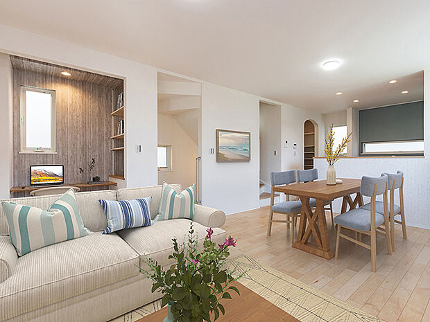 【-】夏は涼しく、冬はあたたかい、快適な暮らし。大きな窓からは快適な光を取りこみ、通気性能を上げる事で居心地の良い空間を演出します。TAKI HOUSEの家は天然素材を使用し、年中居心地のよい住宅を提供。2階リビングのメリットのひとつは陽当たりが良いこと!プライバシーも保たれ、見晴らしもよく、やわらかな陽光が隅々まで届きます。