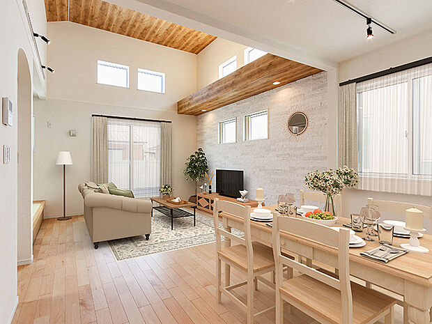 【TAKIHOUSE リビング(施工例)】夏は涼しく、冬はあたたかい、快適な暮らし。大きな窓からは快適な光を取りこみ、通気性能を上げる事で居心地の良い空間を演出します。TAKI HOUSEの家は天然素材を使用し、年中居心地のよい住宅を提供。