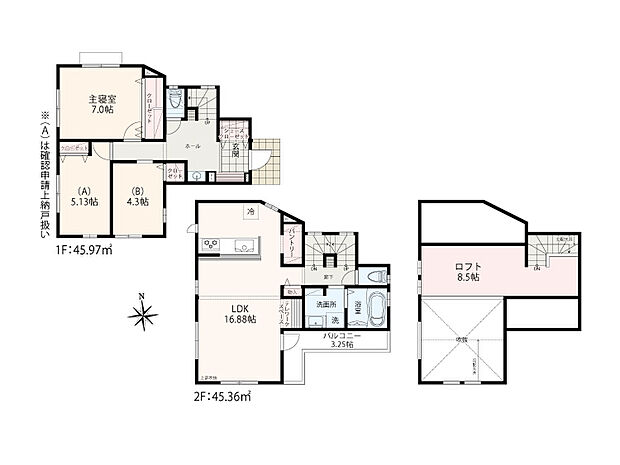 【2LDK+S+SC+大型ロフト】駐車スペース1台 1階小洗面コーナー+吹抜けリビング+オープンキッチン+パントリー+テレワークスペース+固定階段で上がれる8.5帖の大型ロフト