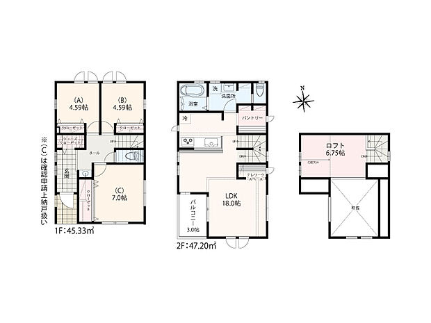 【2LDK+S+SC+大型ロフト】駐車スペース1台 1階小洗面コーナー+吹抜けリビング+オープンキッチン+パントリー+テレワークスペース+固定階段で上がれる6.75帖の大型ロフト