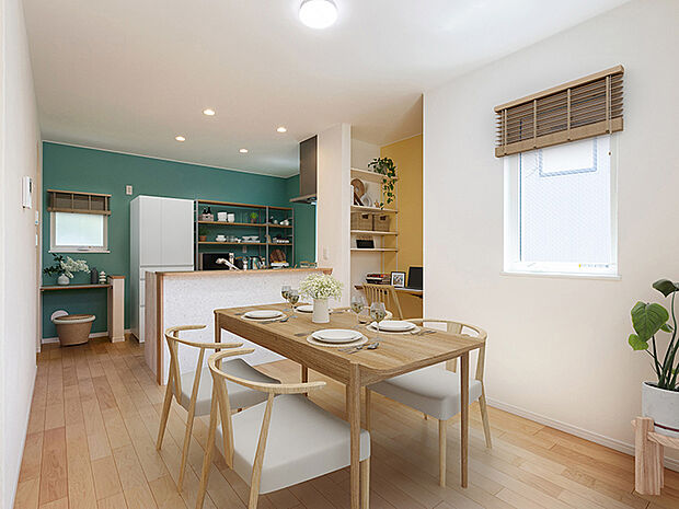 【ダイニング(施工例)】ダイニングは家族がいっしょに過ごす大切な空間です。料理をしながら家族の息吹を感じる配置のキッチンとダイニング、ぬくもりに包まれた明るいリビングへ繋がる間取。家族のあたたかな絆が深まります。