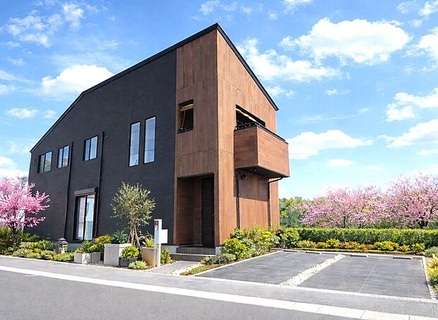 【外観施工例】大きなカースペースがあり車2台止めてもお庭がとれます！２階には広々バルコニー。陽当たりを考えた間取り設計です。（建物プラン例。建物価格／1540万円 建物面積／92.74m2）