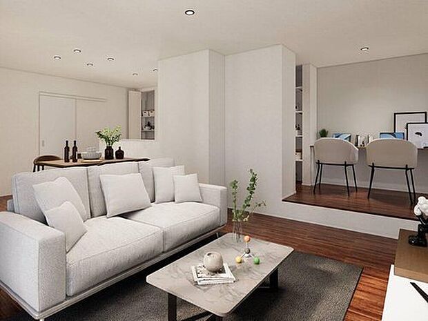 １号地内観パース：リビング
LDKはゆとりある21帖。書斎スペースには同時に２人が座れ、家族で共有できます。リビングから死角の可動棚には勉強用品や散らかりやすいリビングで使う雑多なモノを収納可能♪