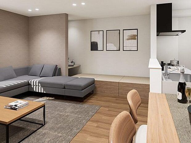 【内観イメージパース：リビング】
小上がりの畳スペースで家族のリビングでの居場所がぐんと増えます♪腰をかけたり、お勉強をしたり、横になったり、居心地のいいスペースです。引き出し収納付き♪