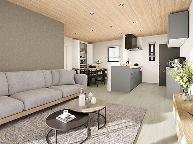 リビングイメージパース
明るいリビング。天井は木目調で、ナチュラルな雰囲気。リビングにクローゼットや可動棚を設け、家具に頼らない余白あるリビング。