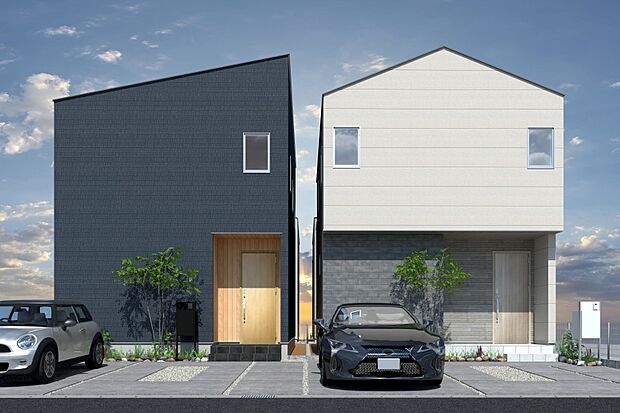 【■CGイメージパース/（右から）1号地、2号地外観パース■】（建物未完成のためイメージパースです）