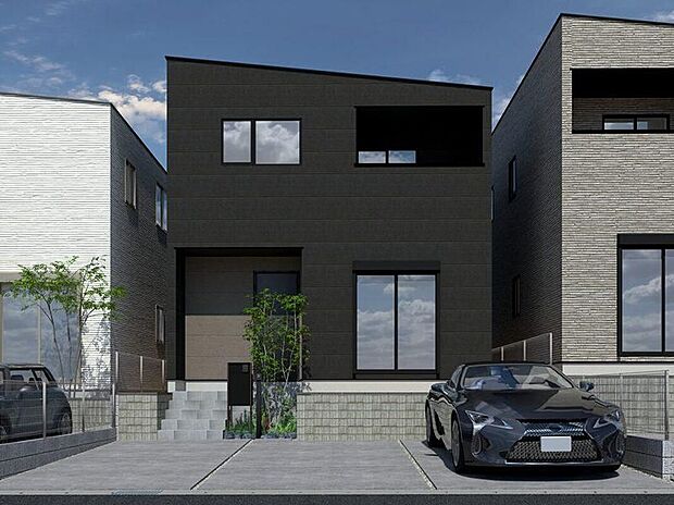 ■CGイメージパース/2号地外観パース■（建物未完成のためイメージパースです）
駐車は3台可能な為、ご家族でお車を所有しても余裕があります。駐輪場や、来客用のスペースとしてゆったりとお使いいただけます