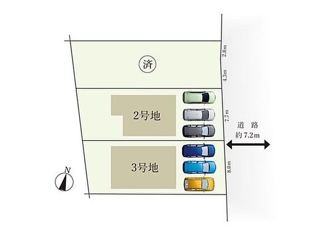 全体区画図　接道は広々としているため、お車の出し入れやすれ違いもラクラクです♪