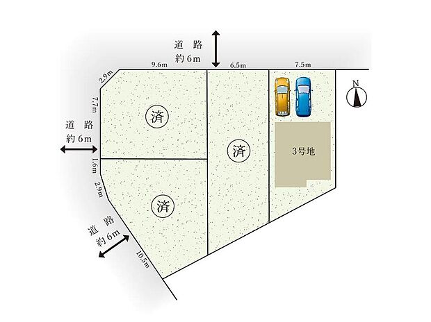 全体区画図
前面道路幅約6mでお車の出し入れもスムーズ！駐車は2台可能です。