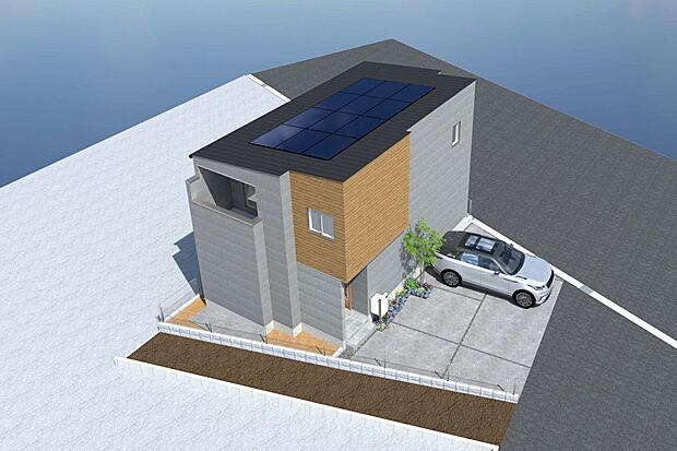 【鳥瞰イメージパース】
太陽光システム搭載！電気料金の高騰や、災害時への備え、自然エネルギー有効理由などの意識の高まりから注目されています。