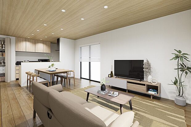 【リビングイメージパース】
玄関からも、リビングからもサッと洗面室へアクセスできる回遊動線のある住まいです。