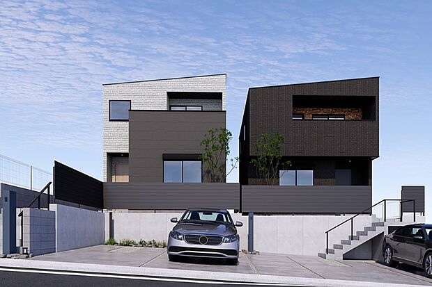 【鳥瞰連棟外観パース(右側：4号地、左側：5号地】
リニモ「杁ヶ池公園」駅　徒歩5分、東山線「藤が丘」駅　自転車8分の住環境の整った立地に太陽光搭載、長期優良住宅の邸宅が誕生します。西小学校徒歩7分。