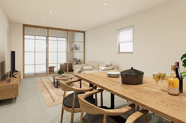 【1号地リビングイメージパース】
19帖の広々とした明るいリビング。吹き抜けを採用したことにより、さらに広く感じられます。