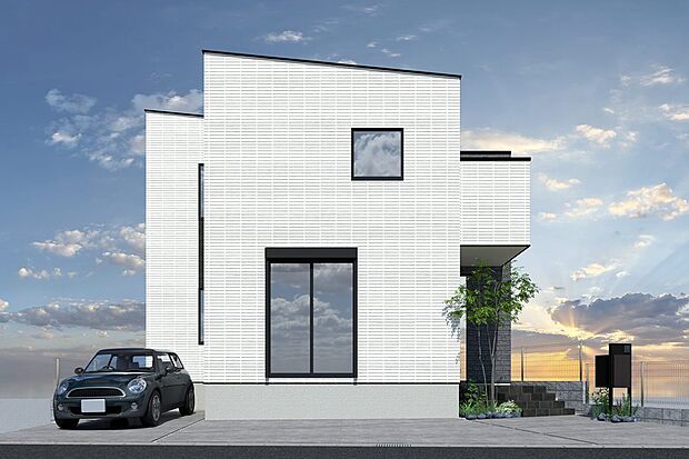 【4号地外観パース】
太陽光システム搭載。ZEH住宅です。家計にも環境にもやさしい暮らし。土間スペース、階段にダイナミックな吹き抜け。帰宅動線は土間スペースからもリビングからも確保。