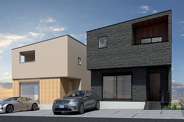 【連棟外観イメージパース(左側1号地、右側2号地)】
太陽光発電、長期優良住宅。都会的な外観です。