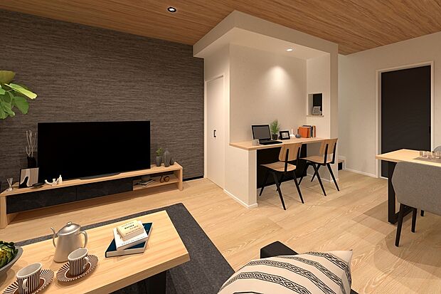 2号地内観イメージパース：リビング
リビングカウンターを設けました。ワークスペースとして、家事スペースとして活躍してくれます。
