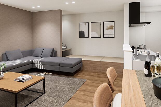 【内観イメージパース：リビング】
小上がりの畳スペースで家族のリビングでの居場所がぐんと増えます♪腰をかけたり、お勉強をしたり、横になったり、居心地のいいスペースです。引き出し収納付き♪