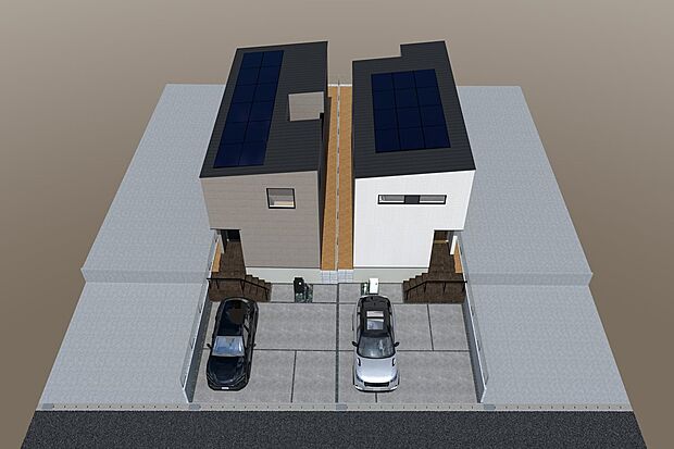 【連棟鳥瞰イメージパース(左側1号地、右側2号地)】
陽当り良好です♪太陽光搭載!電気料金の高騰や、災害時への備え、自然エネルギー有効理由などの意識の高まりから注目されています。