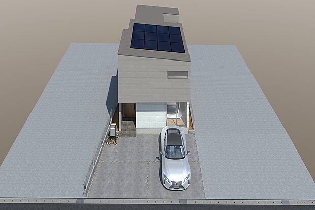 【2号地鳥瞰イメージパース】
太陽光システム搭載！電気料金の高騰や、災害時への備え、自然エネルギー有効理由などの意識の高まりから注目されています。