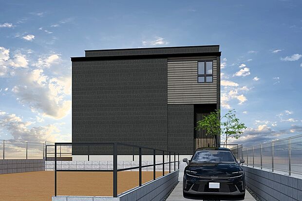 【1号地外観イメージパース】
道路側から見えにくくプライベート感のある1号地。モダンな外観。リビングから眺められるお庭もあります。玄関はL字框で、家族全員で靴の脱ぎ履き可能でお出掛けがスムーズです。