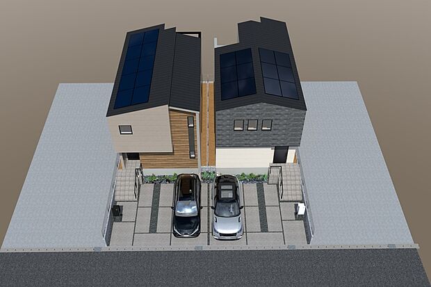 【鳥瞰連棟イメージパース(右側より1号地)】
太陽光システム搭載。家計や環境にやさしい住まいです。