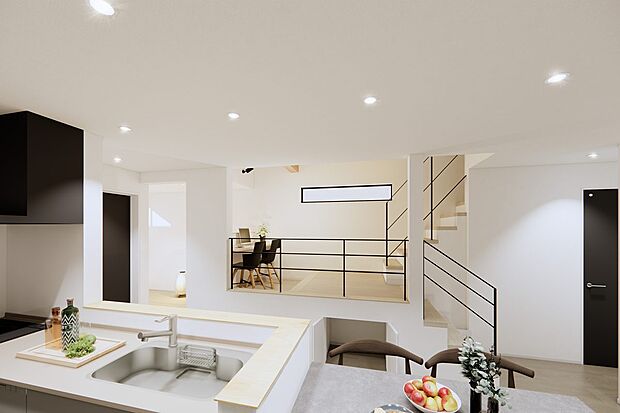 【【4号地イメージパース:リビング】】キッチンからリビングだけでなくスキップフロアまで見渡せます。お子様のお勉強空間としても♪スキップフロアの下も収納として大活躍。