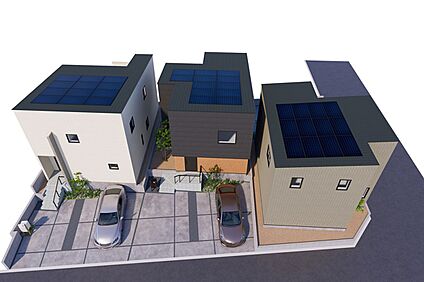 ＊連棟鳥瞰パース(右側3号地、中央2号地、左側1号地)＊