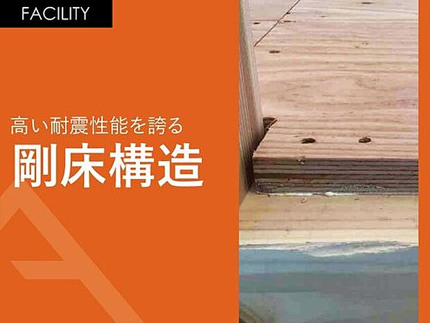 【高い耐震性を誇る【剛床構造】】水平方向に対する力にも耐える。24m厚の構造用合板と梁を接合して一体化した「剛床構造」を採用。地震や台風などの横から加わる力、水平荷重を分散させる強固な構造を実現し、高い耐震性能とともに台風などにも強い、安心安全な住まいを実現します。