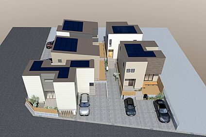 【連棟鳥瞰外観イメージパース(左より1号地)】