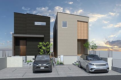 【連棟外観イメージパース(右側1号地、左側2号地)】