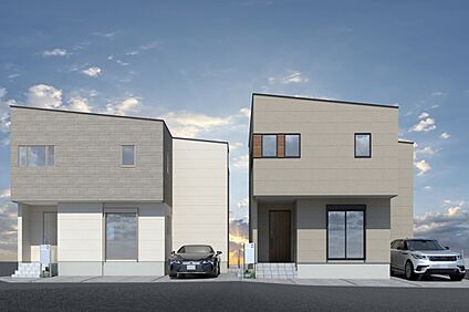 【連棟外観イメージパース(左側1号地・右側2号地)】