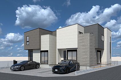 【連棟外観イメージパース(右側1号地・左側2号地)】