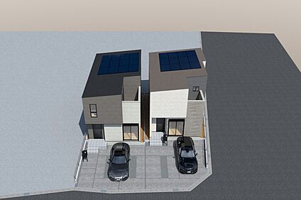 【連棟鳥瞰イメージパース(右側1号地・左側2号地)】