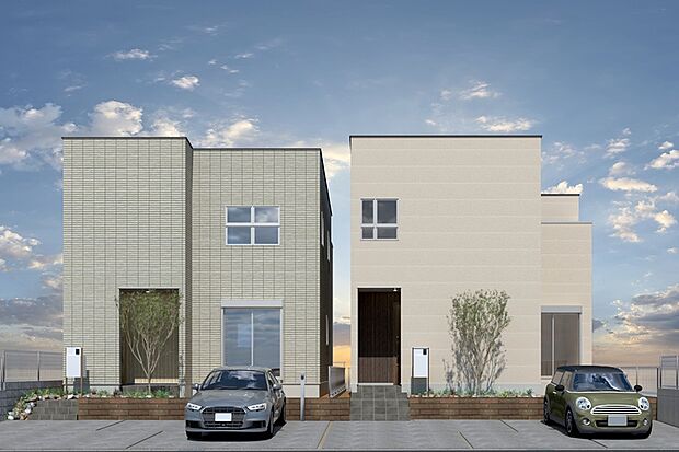 CGパース/連棟外観イメージ
3台駐車可能。玄関には植栽を配置し、不在時や手が離せない時でも荷物を受け取る事ができる宅配ポストを完備。