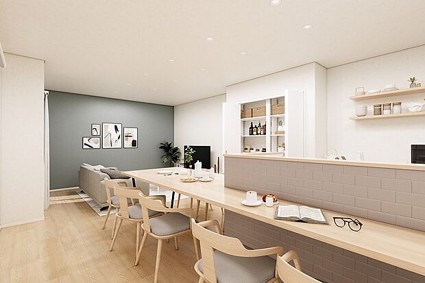 【CGパース/2号地内観(イメージ)】キッチンとダイニングテーブルが一体となっております。調理中でもご家族との会話がしやすく、料理をダイニングへの配膳もしやすいです。