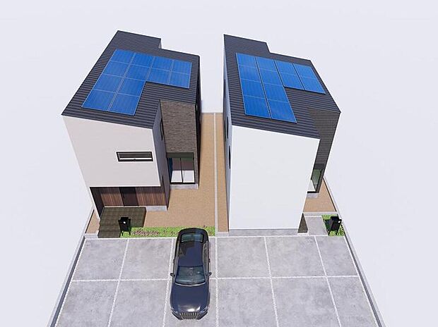【完成予想図(外観)】【外観鳥瞰パース(右側:1号地、左側:2号地)】
電気代もうれしい太陽光搭載。