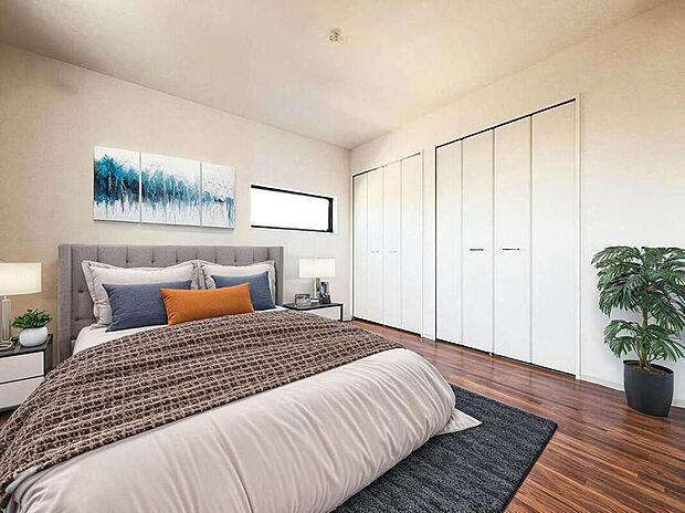 南向きの主寝室は採光も明るく風通し共に良好です。ダブルベッドのサイズのベッドを配置しても十分な広さを確保できる寝室です♪※こちらはCGなどで画像生成したイメージ画像となります。