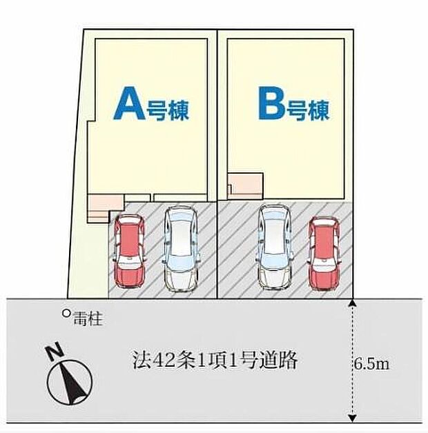 ≪全体区画図≫
陽当たり良好な広々6.5m南側道路♪
カースペースは並列２台分ございますので、家族分の自転車を駐輪したり、来客用の駐車スペースとしてもお使いいただけます♪