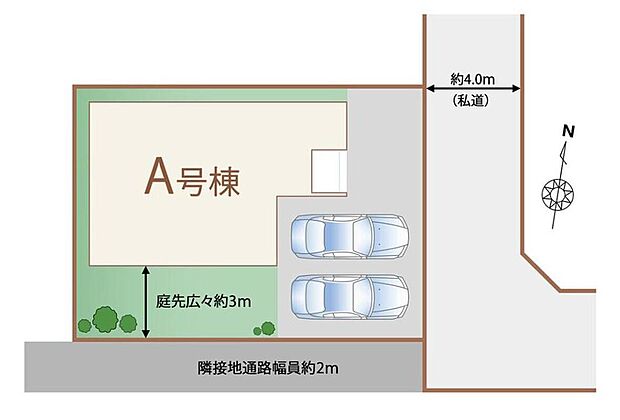 ≪全体区画図≫
前面道路は車通りが多くないので、お車の出し入れもラクラクです♪
カースペースは並列２台分ございますので、家族分の自転車を駐輪したり、来客用の駐車スペースとしてもお使いいただけます♪