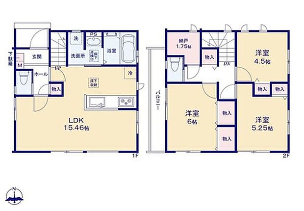 【3LDK+S】LDKは高級感のある天井アクセントクロス採用♪
水回りがまとまっている嬉しい間取り＆家事を手助けする食洗機付システムキッチン♪
納戸は窓付きなので、居室としても問題なくお使いいただけます。