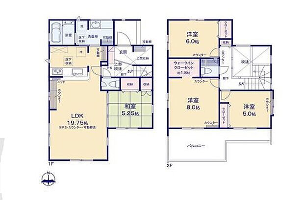 【4LDK】◇玄関吹抜♪広々19帖超のリビングは折上天井で開放的♪
◇来客用やお子様の遊び部屋として利用できる和室♪
◇2部屋を繋ぐ広々したバルコニーでお洗濯も快適♪
◇パントリーやWIC、SIC完備でお部屋スッキリ！