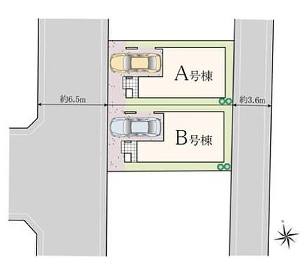 【全体区画図】前面道路は車通りが多くないので、小さなお子様を持つご家庭にも安心。幅員が約6.5mあるので、お車の出し入れもラクラクです♪