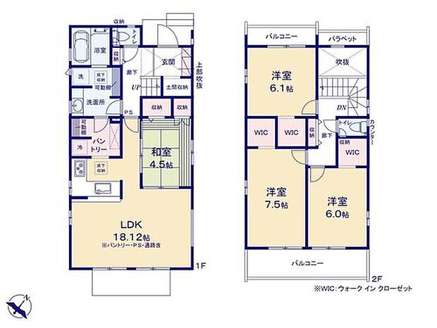 【4LDK】LDK18帖超の広々空間に和室が隣接した使いやすい間取り♪
パントリーや土間収納でお部屋スッキリでき生活動線も良好☆
2階は全室6帖以上＋WIC付きで空間を最大限使えるゆとりある住まいです♪