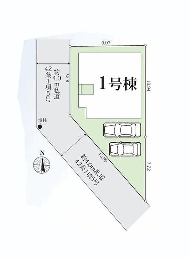 【全体区画図】◎角地につき通風・採光ともに良好♪
◎車種により並列2台駐車可♪