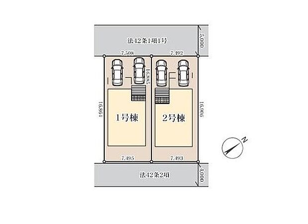 【全体区画図】◎敷地内カースペース並列で2台可能（車種による）♪
◎北東と南東に接道がありとても開放的な立地♪