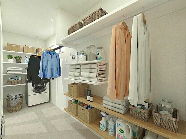 洗面脱衣室※完成予想パース ■ランドリールームとして洗濯物を干すことができます。また収納も兼ね備えているので片付けもスピーディ。