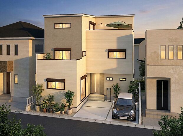 外観※完成イメージパース■限定1邸。間口約9.7mのゆとりある敷地。陽当たりの良い5LDK+屋上庭園付の住まいが岡崎市の希少な魚町エリアに新登場。ぜひ、お問い合わせください。