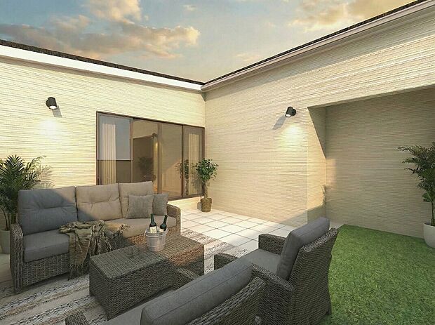 屋上庭園※完成イメージパース ■リビングの延長のように使える、空に近いプライベートガーデン。家族だけでのんびり過ごすことのでき、周りの視線も車の心配も不要な自分たちだけの贅沢な空間です。